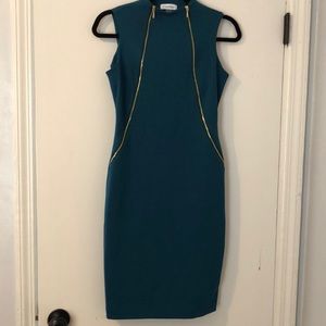 Teal and gold Calvin Klein slim fitting dress